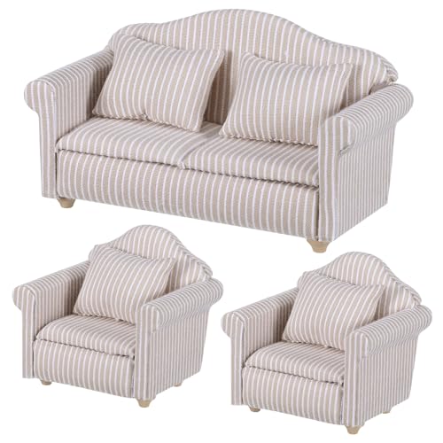 VICASKY 3 Stück Teiliges Puppenhaus Sofa Miniatur Wohnzimmermöbel mit Einzelsesseln und Zweisitzer Realistische Miniaturmöbel für Puppendekoration und Kinderzimmer Deko von VICASKY