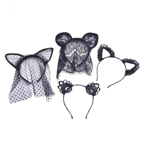 VICASKY 4 Stück Katzenohren Haarreif mit Schleier Haaraccessoires für Cosplay Partys und Festliche Anlässe Bequem und Vielseitig Einsetzbar von VICASKY