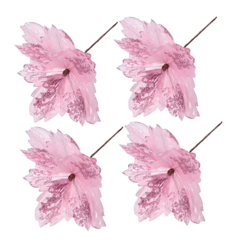 VICASKY 4 Stück Künstliche Weihnachtsblumen Poinsettien mit Glitzer Rosa Seidenblumen für Weihnachtsbaum Tischdekoration Langlebige Festliche Kunstblumen für Weihnachtsdeko von VICASKY