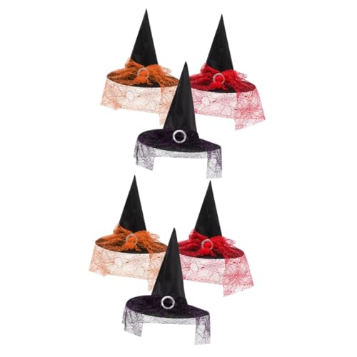 VICASKY 6 Stck. Hexenhüte aus Taft in Rot Orange Mesh Dekor Halloween Party Kopfbedeckung für Frauen und Eleganter Zauberer Stil für Cosplay und Kostümfest von VICASKY