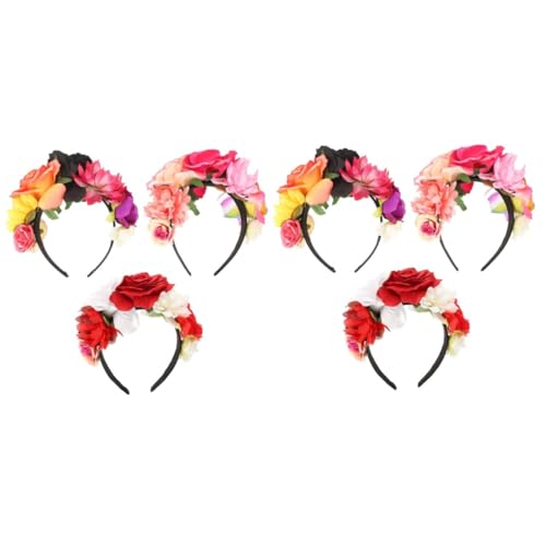VICASKY 6 Stck. Teiliges Mexikanisches Blumen Stirnband Vintage Rosen Haarreifen Halloween Kostüm Zubehör für Damen Party Cosplay Goth Headwear in Schwarz Orange Weiß Rot Rosa von VICASKY