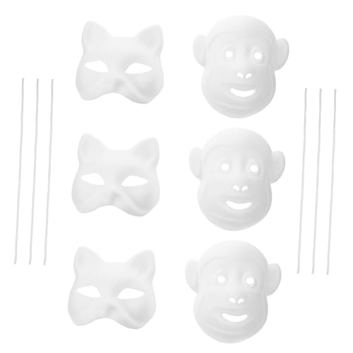 VICASKY 6 Stück Teiliges DIY Papiermasken zum Bemalen Weiße Unbemalte Vollgesichtsmasken aus Papierpappe für Bastelprojekte Kunstunterricht und Kreative Maskerade Katzen und Affenmotiven von VICASKY