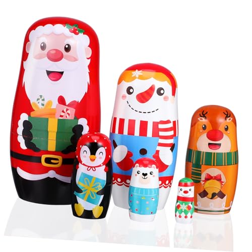 VICASKY 6 Stück Teiliges Weihnachts Nistpuppen aus Holz mit Buntem Santa Claus und Schneemann Design Handbemalt Vielseitige Weihnachtsdekoration und Geschenkidee für Festliche Wohnräume von VICASKY