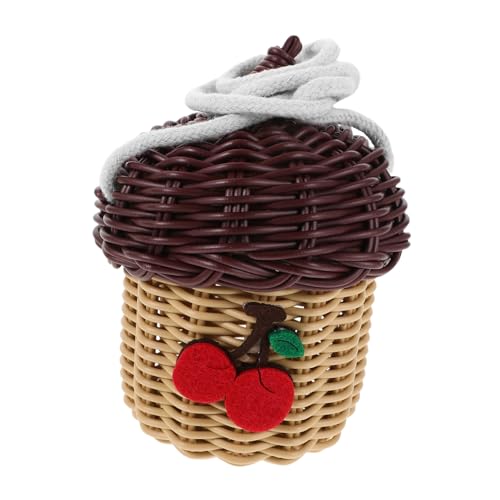 VICASKY Handgewebte Imitation Rattan Tasche Mini Eichelförmig Schultertasche Vielseitig als Umhängetasche und Aufbewahrungskorb Schokoladenbraun mit Kirschapplikation Leicht für Alltag und von VICASKY