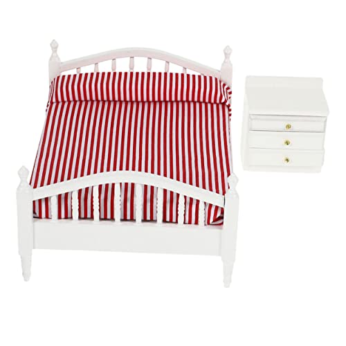 VICASKY Mini Doppelbett und Holz Nachttisch Miniatur Möbelmodell für Kreative Puppenhaus Dekoration und Mini Haus Einrichtung von VICASKY