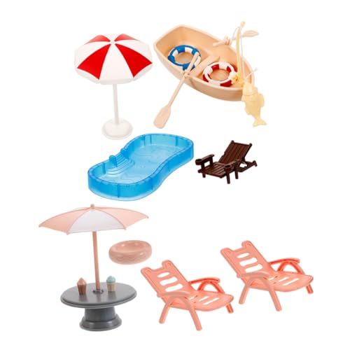 VICASKY Miniatur Strandspielset für Puppenhaus mit Schwimmbecken Strandstuhl Schwimmring und Boot Farbenfrohes DIY Fairy Garden Zubehör Robust Kompakt und Reisetauglich von VICASKY