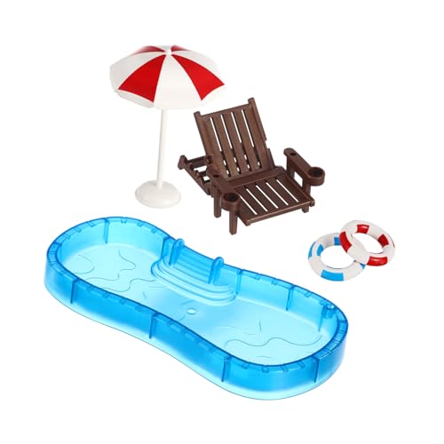 VICASKY Puppenhaus-Schwimmbecken-Set Miniatur-Schwimmbecken Mit Klappbarem Strand-Sonnenstuhl Schwimmring Und Regenschirm Modell Mikro-Landschaftszubehör von VICASKY