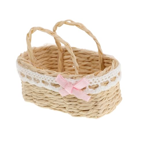 VICASKY Puppenhauskorb wohnaccessoires puppenhaus deko Puppenstube Korb Mini Korb Deko Blumenkorb klein Miniatur-Griffkorb kleine Hausdekoration Mini-Basteldekoration Gras Rosa von VICASKY