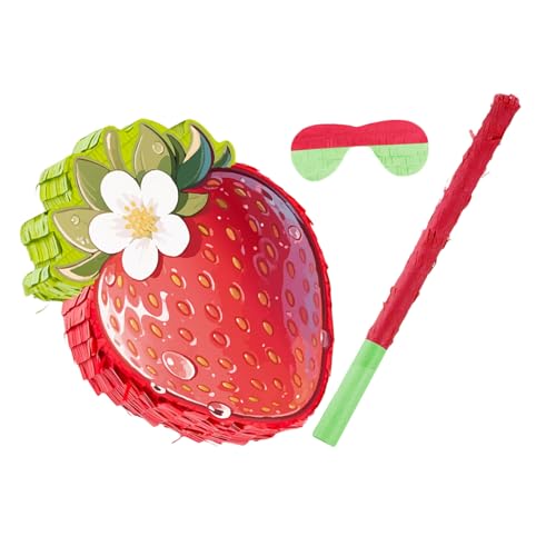 VICASKY Rote Erdbeer-piñata mit Stick und Augenbinde Konfetti Gefüllt Robuste Pappkarton Dekoration für Sommerparty Cinco De Mayo Food Party Spiel Interaktives Geburtstags von VICASKY