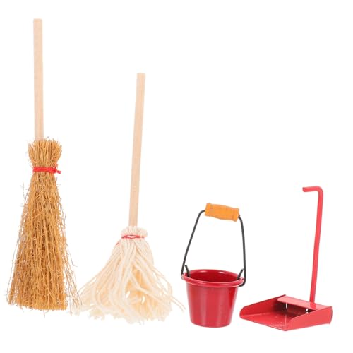 VICASKY Teiliges Miniatur Reinigungswerkzeuge Für Puppenhäuser Mop Eimer Kehrschaufel Und Besen Cremeweiß Für Miniatur Dekoration Und Spielzeugreinigung von VICASKY