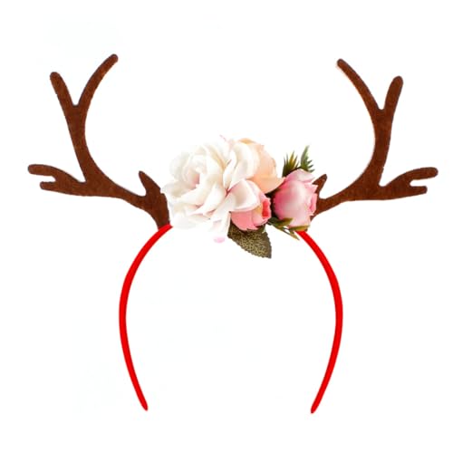 VICASKY Weißes Rentier Haarreif mit Blumen und Frauen Lustiges Geweih Stirnband Langlebig Verformungsfrei für Weihnachts und Kostümparty Karneval Fasching Verkleidung Größenverstellbar von VICASKY