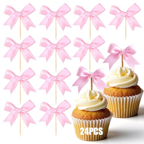 VICDUEKG Schleifen Tortendeko, 24 Stück Schleifenband Cupcake Toppers Hochzeit, Cupcake Muffin Kuchen Deko Mädchen, Kuchendeko für Taufe Geburtstag Deko (Rosa) von VICDUEKG