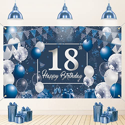 VICSOM 18. Geburtstag Banner Blau, 18. Geburtstag Dekoration 18. Extra Großes Banner, 18.Blau Happy Birthday Banner, 18.Stoff Zeichen Poster Hintergrund Banner, 18. Jungen Geburtstag Banner von VICSOM