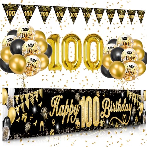 100 Geburtstag Dekoration Mann Frau, Schwarzes Gold 100. Geburtstags Deko, Happy 100th Birthday Banner, Zahl 100 Schwarzes Gold Konfetti Luftballons, Feuerwerk Dreieckiges Flaggenbanner 100 Geburtstag Dekoration Mann Frau, Schwarzes Gold 100. Geburtstags Deko, Happy 100th Birthday Banner, Zahl 100 Schwarzes Gold Konfetti Luftballons, Feuerwerk Dreieckiges Flaggenbanner von VICTERR