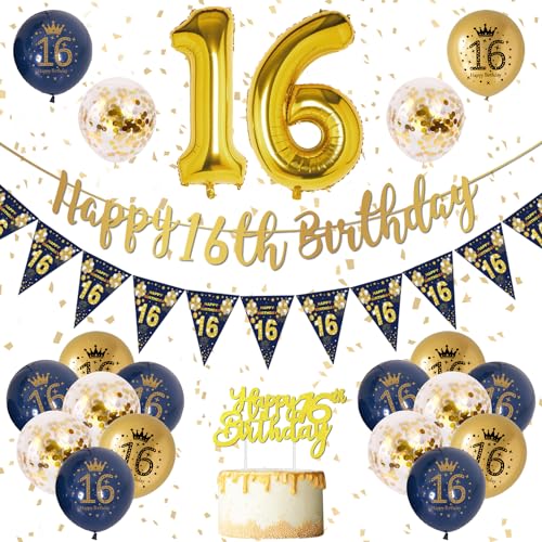 16 Geburtstag Dekoration Jungen Blau Gold 16. Geburtstag Girlande Banner, Geburtstagsdeko für Jungen 16, Navy Blau Gold Geburtstag Luftballons 16, Konfetti Luftballons für Jungen 16. Geburtstag von VICTERR