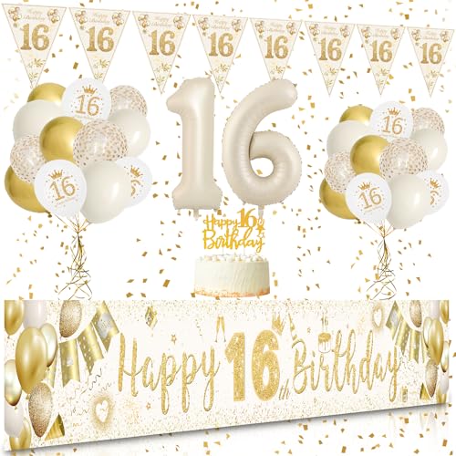 16 Geburtstag Mädchen Deko, VICTERR Sandweiß Gold Deko 16. Geburtstag Mädchen und Jungen Deko Set, Lange Größe Happy 16th Birthday Banner Hintergrund 274×37cm, Girlande Wimpel Konfetti Luftballons von VICTERR