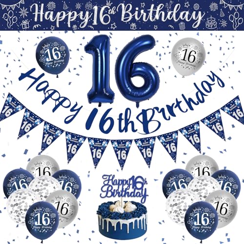 16. Geburtstag Deko Junge, Blau Silber Luftballons Geburtstag, Deko 16 Geburtstag Jungen, Geburtstagsdeko 16 Jahre Party Deko mit Happy Birthday Girlande Konfetti Ballons für 16 Geburtstag Dekoration 16. Geburtstag Deko Junge, Blau Silber Luftballons Geburtstag, Deko 16 Geburtstag Jungen, Geburtstagsdeko 16 Jahre Party Deko mit Happy Birthday Girlande Konfetti Ballons für 16 Geburtstag Dekoration von VICTERR