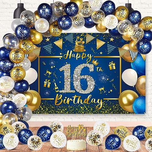 16. Geburtstag Junge, VICTERR Blau Gold Deko 16. Geburtstag Junge und mädchen Geburtstagsdeko Banner Set, Lange Happy 16th Birthday Banner Hintergrund 190×120cm, Cake Topper Konfetti Luftballons von VICTERR