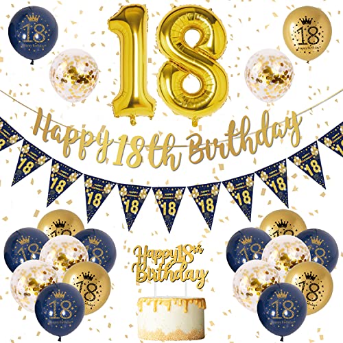 18 Geburtstag Dekoration Jungen Blau Gold 18. Geburtstag Girlande Banner, Geburtstagsdeko für Jungen 18, Navy Blau Gold Geburtstag Luftballons 18, Konfetti Luftballons für Jungen 18. Geburtstag von VICTERR