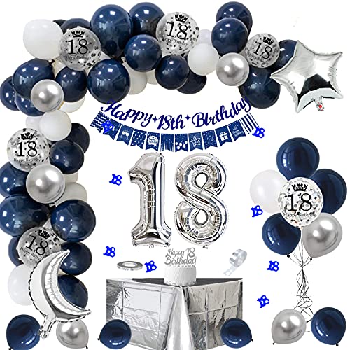 18 geburtstag dekoration, Deko 18. Geburtstag Mann Marineblau Silber Geburtstagsdeko mit Happy 18th Birthday Girlande Banner Tischdecke 18 Konfetti und Nummer 18 Luftballons für Jungen von VICTERR