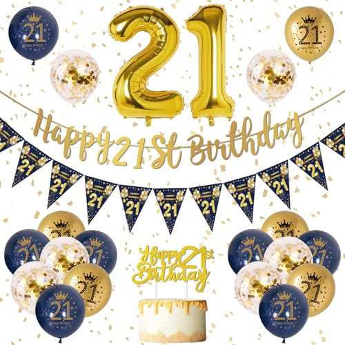 21 Geburtstag Dekoration Männer Blau Gold 21. Geburtstag Girlande Banner, Geburtstagsdeko für Männer 21, Navy Blau Gold Geburtstag Luftballons 21, Konfetti Luftballons für Männer 21. Geburtstag von VICTERR