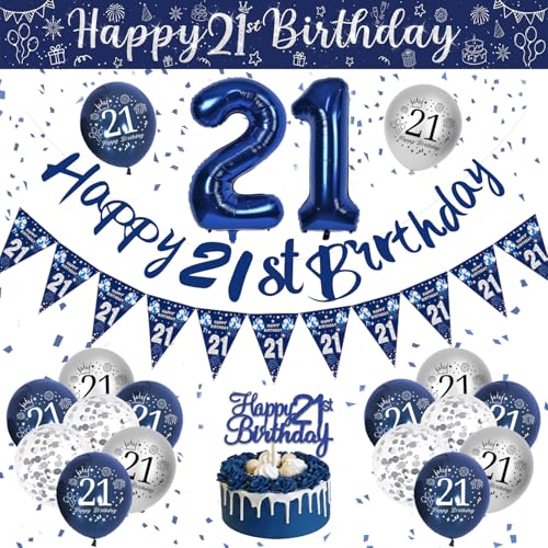 21. Geburtstag Deko Männer, Blau Silber Luftballons Geburtstag Mann, Geburtstagsdeko 21 Jahre Party Deko mit Happy Birthday Girlande Konfetti Ballons für 21 Dekoration von VICTERR