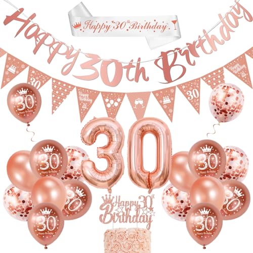 30 Geburtstag Frauen, 30 Geburtstag Deko Rosegold,Deko 30 Geburtstag Frau mit Happy Birthday Girlande Banner Luftballon 30. Geburtstag 30. Geburtstag Schärpe Tortendeko für 30. Geburtstag Frauen von VICTERR