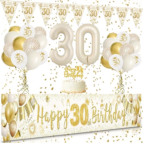 30 Geburtstag Frauen, VICTERR Sandweiß Gold Deko 30 Geburtstag Frau und Männer Geburtstagsdeko Set, Lange Größe Happy 30th Birthday Banner Hintergrund 274×37cm, Girlande Wimpel Konfetti Luftballons von VICTERR