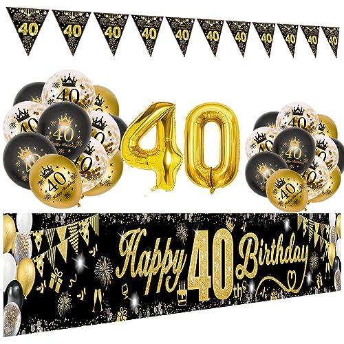 40 Geburtstag Dekoration Mann Frau, Schwarzes Gold 40. Geburtstags Deko, Happy 40th Birthday Banner, Zahl 40 Luftballons, Schwarzes Gold Konfetti Luftballons, Feuerwerk Dreieckiges Flaggenbanner 40 Geburtstag Dekoration Mann Frau, Schwarzes Gold 40. Geburtstags Deko, Happy 40th Birthday Banner, Zahl 40 Luftballons, Schwarzes Gold Konfetti Luftballons, Feuerwerk Dreieckiges Flaggenbanner von VICTERR