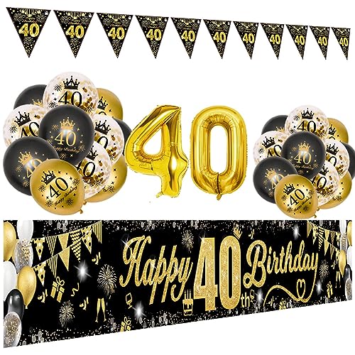 40 Geburtstag Dekoration Mann Frau, Schwarzes Gold 40. Geburtstags Deko, Happy 40th Birthday Banner, Zahl 40 Luftballons, Schwarzes Gold Konfetti Luftballons, Feuerwerk Dreieckiges Flaggenbanner von VICTERR