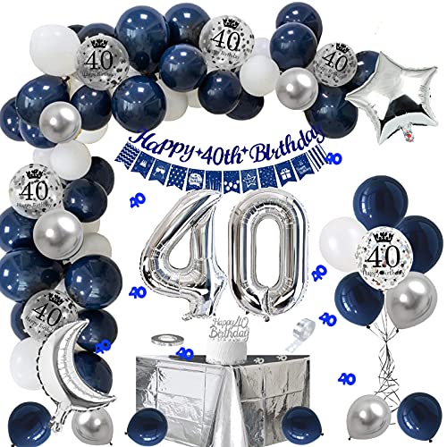40 geburtstag dekoration, Deko 40. Geburtstag Mann Marineblau Silber Geburtstagsdeko mit Happy 40th Birthday Girlande Banner Tischdecke 40 Konfetti und Nummer 40 Luftballons für Jungen von VICTERR