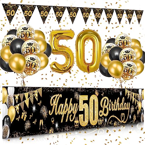 50 Geburtstag Dekoration Mann Frau, Schwarzes Gold 50. Geburtstags Deko, Happy 50th Birthday Banner, Zahl 50 Luftballons, Schwarzes Gold Konfetti Luftballons, Feuerwerk Dreieckiges Flaggenbanner 50 Geburtstag Dekoration Mann Frau, Schwarzes Gold 50. Geburtstags Deko, Happy 50th Birthday Banner, Zahl 50 Luftballons, Schwarzes Gold Konfetti Luftballons, Feuerwerk Dreieckiges Flaggenbanner von VICTERR