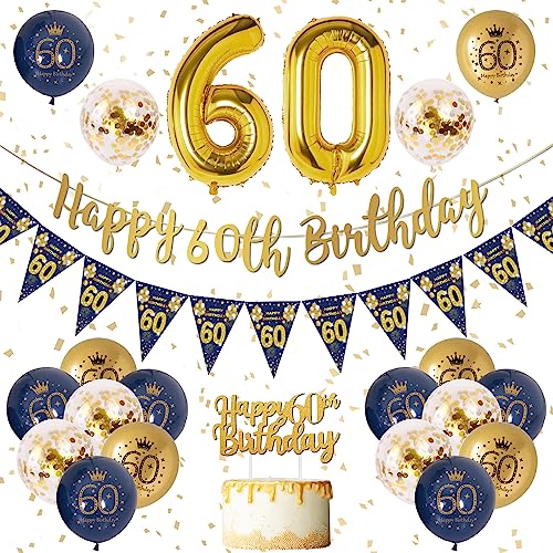 60 Geburtstag Dekoration Männer Blau Gold 60. Geburtstag Girlande Banner, Geburtstagsdeko für Männer 60, Navy Blau Gold Geburtstag Luftballons 60, Konfetti Luftballons für Männer 60. Geburtstag von VICTERR