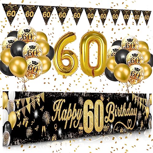 60 Geburtstag Dekoration Mann Frau, Schwarzes Gold 60. Geburtstags Deko, Happy 60th Birthday Banner, Zahl 60 Luftballons, Schwarzes Gold Konfetti Luftballons, Feuerwerk Dreieckiges Flaggenbanner 60 Geburtstag Dekoration Mann Frau, Schwarzes Gold 60. Geburtstags Deko, Happy 60th Birthday Banner, Zahl 60 Luftballons, Schwarzes Gold Konfetti Luftballons, Feuerwerk Dreieckiges Flaggenbanner von VICTERR