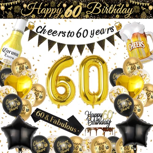 60th beer balloons, 60 Geburtstag Mann/Frau, 60 Geburtstag Deko Schwarz-Gold-Ballon mit Cheers to 60 Years Banner, Bier Becher Folie Ballons, Anzahl 60 Folie Ballons für Geburtstag Party Dekorationen von VICTERR