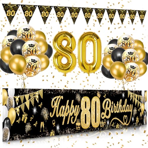 80 Geburtstag Dekoration Mann Frau, Schwarzes Gold 80. Geburtstags Deko, Happy 80th Birthday Banner, Zahl 80 Luftballons, Schwarzes Gold Konfetti Luftballons, Feuerwerk Dreieckiges Flaggenbanner von VICTERR