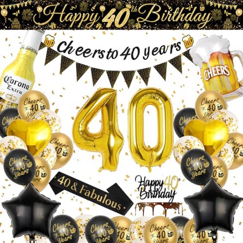 Beer Balloon set, 40 Geburtstag Männer/Frauen, 40 Geburtstag Deko Schwarz-Gold-Ballon mit Cheers to 40 Years Banner, Bier Becher Folie Ballons, Anzahl 40 Folie Ballons für Geburtstag Party Deko von VICTERR