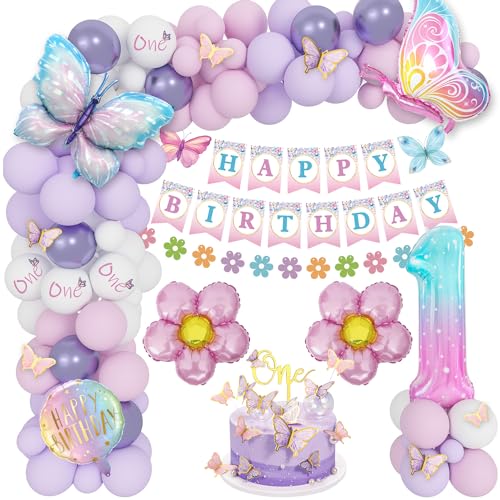 Deko 1. Geburtstag Mädchen Set - Rosa Lila Ballons, Schmetterling Folienballons, Alles Gute Zum Banner Ballon, Aufkleber von VICTERR