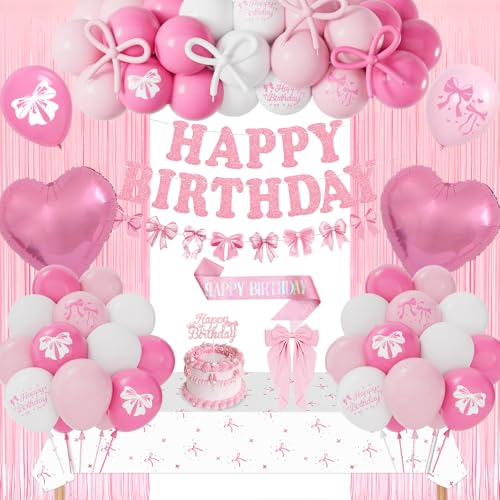 Geburtstagsdeko Rosa Schleife, Geburtstagsdeko Mädchen Frauen, Deko Luftballon Rosa Weiß, Schleifen Happy Birthday Girlande Tischdeko Schärpe, Geburtstag Party Deko Mädchen Baby 1st 13th 18th 30th von VICTERR