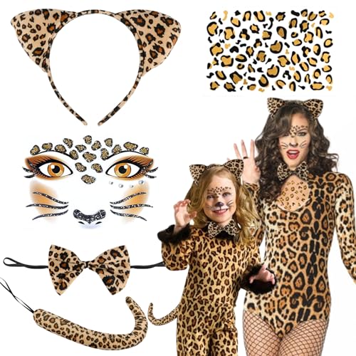 Leoparden Kostüm Set, 5 Stück Leoparden Kostüm Damen Leopard Kostüm Kinder,Leoparden Ohren Haarreif,Leopard Schwanz,Fliege,Glitzer Tattoo Gesicht Aufkleber Set für Fasching,Karneval,Party Animals von VICTERR