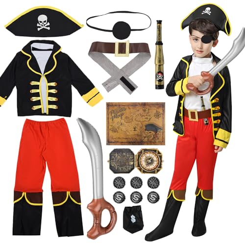 VICTERR Piratenkostüm Kinder, Piraten Cosplay Kostüm Kinder Jungen mit Kompass, Karte, Teleskop und Aufblasbaren Schwertern, Piraten Rollenspiel für Halloween Karneval, Faschingskostüm Kinder von VICTERR