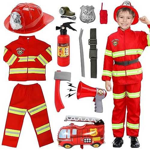 VICTERR Feuerwehrmann Kostüm Kinder, 12pcs Rollenspiel Halloween Kostüm Spielzeug für Kinder im Alter von 6-8 Jahren für Kinderschulkostüme, Kostümpartys, Weihnachts, Schul- und Heimspiele(130cm) von VICTERR