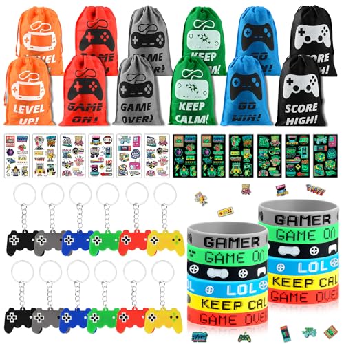 Videospiel Party Mitgebsel, 48 Stück Mitgebsel Kindergeburtstag mit VIP Silikon Armbänder, Schlüsselbund, Beutel mit Kordelzug und Temporäre Tattoos, Spiel Partyzubehör Gastgeschenke für Junge Gamer von VICTERR