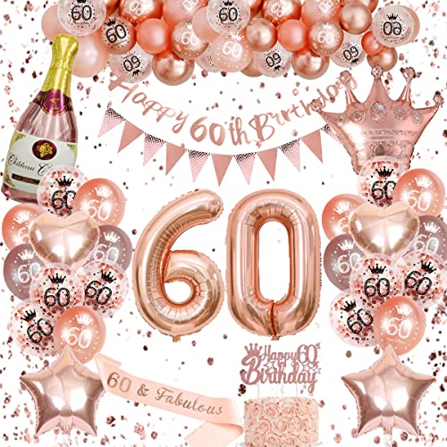 60 Geburtstag Frau, Luftballons Geburtstag 60, Geburtstagsdeko Frau, Rosegold Deko Set Enthalten 60 Mit Happy Birthday Banner Rosegold Ballons 60. Geburtstag Schärpe Für Party Deko von VICTERR