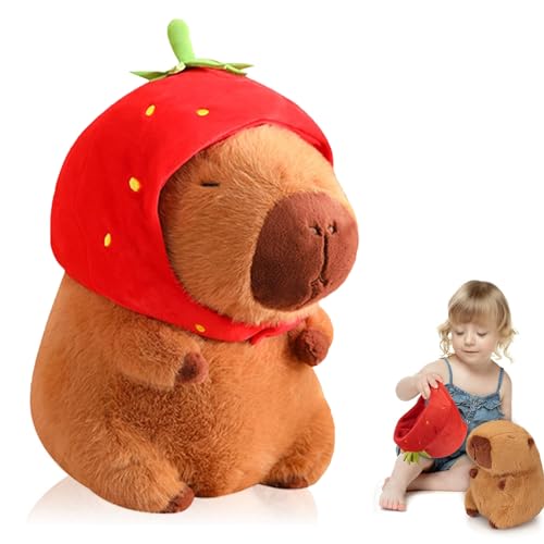 VIDSTW 23 cm Capybara Kuscheltier Capybara Plüschtier Realistisch mit Erdbeerhut Weich Wasserschwein Kuscheltier Plüschtier für Kinderspielzeug Möbeldekoration (Erdbeerversion) von VIDSTW