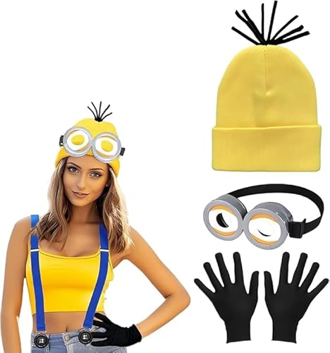 VIDSTW 3 Stück Minion Kostüm Zubehör, Halloween Cosplay, Steampunk Brille mit Augen Gelbe Mütze Schwarze Handschuhe Set, Faschingskostüm für Halloween Karneval Cosplay Party von VIDSTW