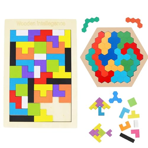 VIDSTW Holzpuzzle Tetris 2 Stück Holz Tangram Puzzle Spielzeug Hexagon Holzpuzzle Iq Spiele für Kinder Denkspiele Geschenk für Kinder Jungen und Mädchen Kinder frühe Pädagogische von VIDSTW