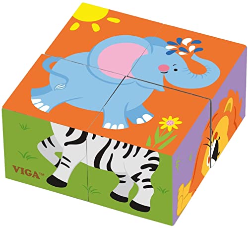 Viga 50836 Toys-Würfelpuzzle-Wildtiere, Multi Color von Viga