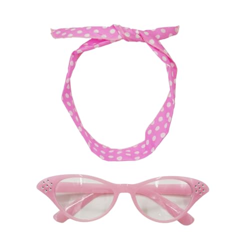 VIGUEUR 1950er-Jahre-Kostüm-Zubehör-Set für Damen, Katzenaugenbrille, Bandana-Krawatte mit integriertem Eisendraht, Rosa, Pink, Einheitsgröße von VIGUEUR