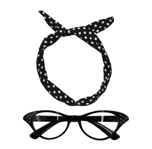 VIGUEUR 1950er-Jahre-Kostüm-Zubehör-Set für Damen – Katzenaugenbrille, Bandana-Krawatte mit integriertem Eisendraht (schwarz), Schwarz, Einheitsgröße von VIGUEUR
